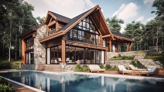 一睹精致别墅的 3D 渲染豪华住宅，配有结合木材和石材元素的游泳池