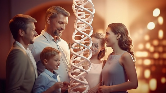 幸福的团结家庭聚集在一个大型 3D DNA 结构周围，带着一起学习的热情和快乐来检查它