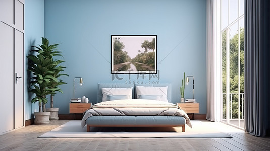 卧室内部配有蓝色墙壁和植物木地板框架模型 3D 渲染