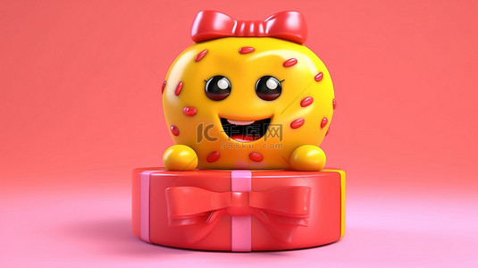 黄色背景，3D 渲染一个微笑的粉色釉面甜甜圈吉祥物，拿着一个带红丝带的礼品盒