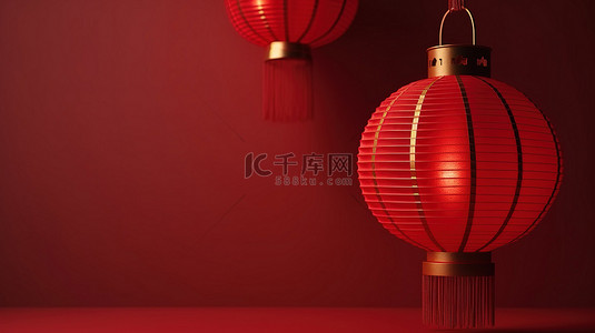 春节传统文化背景图片_快乐的中国新年概念红色中国灯笼在横幅背景上的 3D 渲染与复制空间插图