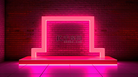 粉红色砖墙背景图片_几何背景上的 3D 霓虹粉红色产品展示，带有砖墙或门户摄影