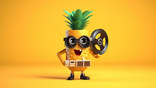 菠萝黄色背景背景图片_3D 渲染的时髦菠萝吉祥物，在充满活力的黄色背景上带有胶片卷轴和电影磁带