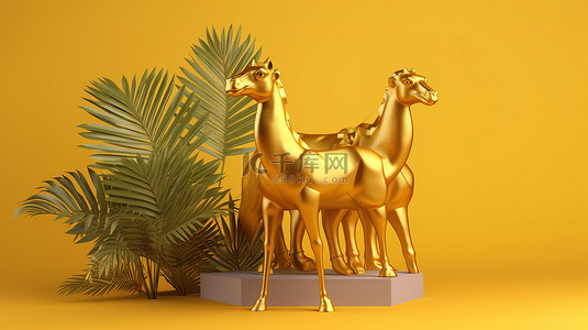 金色骆驼装饰着山羊雕像和 3D 热带树叶，背景是充满活力的黄色背景，有充足的复制空间