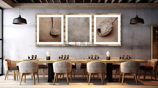 多功能宴会厅背景图片_多功能的起居或就餐空间，配有艺术品框架，展示 3D 渲染