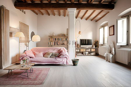 非常的漂亮背景图片_一个非常漂亮的客厅，装饰着白色的木地板和横梁