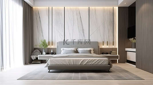 简约的现代卧室配有集成床头板和电视柜，配有木质和白色大理石元素 3D 渲染