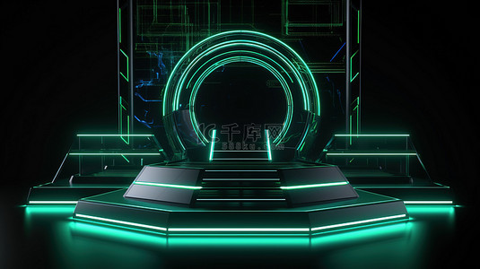 黑色 3D 渲染舞台上带有霓虹灯绿色照明的几何科幻展台