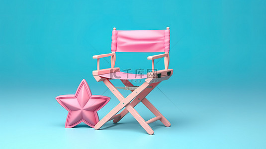 复古星形粉色和蓝色背景，配有导演椅电影拍板和扩音器 3D 渲染