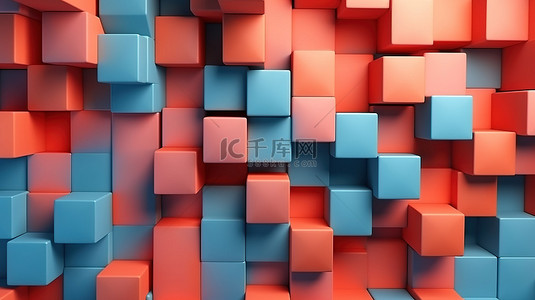 渐变珊瑚背景图片_在渐变调色板中设置的抽象背景上珊瑚蓝色几何形状的顶视图 3D 渲染