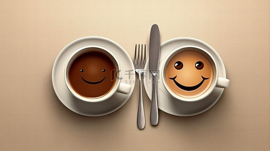 卡通微笑背景图片_两杯咖啡和巧克力卡通微笑的顶视图 3D 渲染，盘子上有叉子和刀