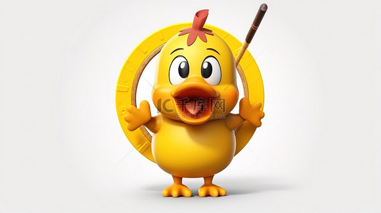 可爱的黄色卡通拟人鸭吉祥物，中心有靶心目标和飞镖，在白色背景上以 3D 渲染