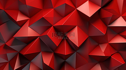 红色菱形背景中几何形状的全景 3D 渲染