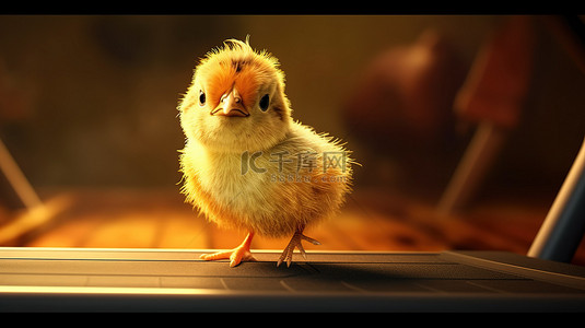 一只小鸡在跑步机上锻炼的 3d 渲染