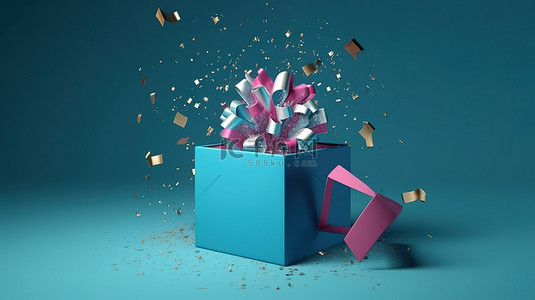 爆炸性礼品盒 3d 渲染，具有商业设计背景中的代金券空白空间