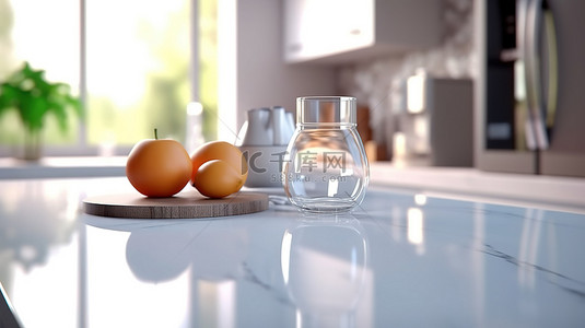 厨房电器背景图片_现代明亮家庭厨房的 3D 渲染，带有特写白色台面，用于模糊背景上的蒙太奇