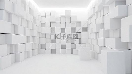 带方墙的极简主义白色立方体房间 3D 渲染