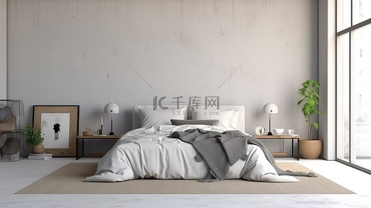 卧室模型以白色墙壁和舒适的毯子为特色，3D 渲染