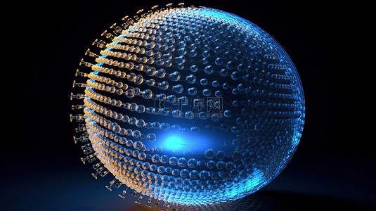 现代线框元素的 3D 渲染在技术网格中形成蓝点球体
