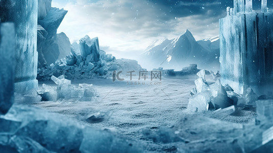 冰冻仙境电影主题与冰雪和蓝色背景迷人的 3D 插图