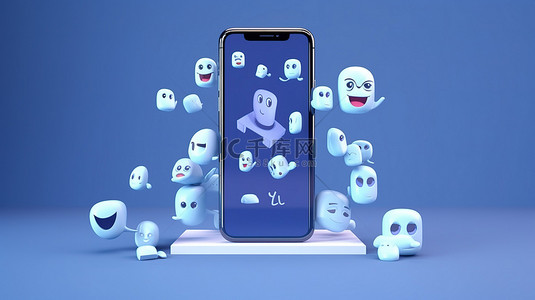 网页科技背景图片_蓝色背景，带有 facebook 徽标和表情符号反应的 3d 效果图以及智能手机