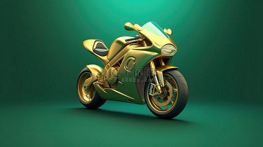 潮水绿色背景社交媒体 3d 渲染上的标志性摩托车福尔图纳金色符号
