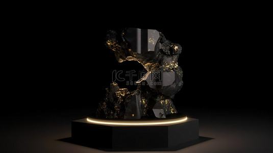 黑色力量背景图片_自由形式的岩石和 LED 照明框架在 3D 渲染中突出了令人惊叹的黑色大理石基座