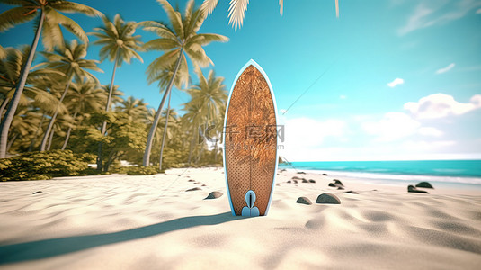 令人惊叹的夏日海滩的 3D 渲染动画，背景是冲浪板沙和棕榈树