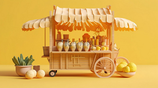 亚洲街头食品肉丸面车的 3D 渲染，配有木质饰面和白色和黄色背景的座椅