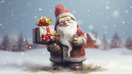 冬天背景图片_3D 插图，一个装有弹簧的圣诞老人拿着一个用布包裹的礼品盒