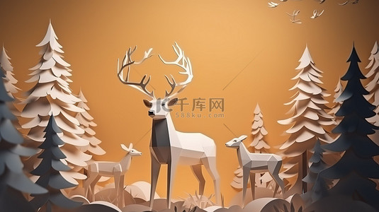 森林中的鹿 3D 渲染设计，带有纸艺和工艺风格