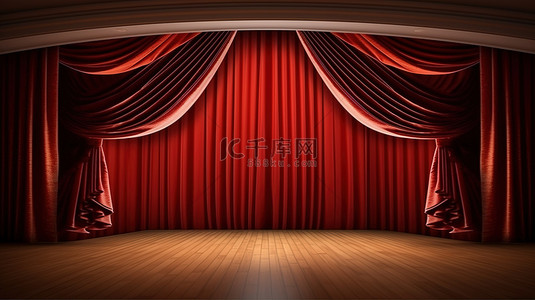 舞台或地板上经典窗帘模板电影院窗帘的 3D 渲染
