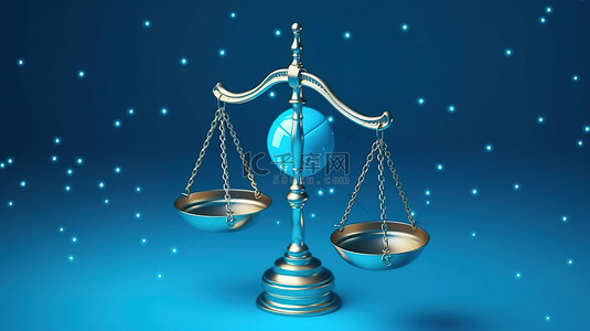 蓝色背景下天秤座法律的 3D 渲染，以获取法律内容