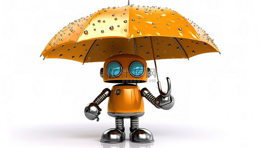 风控系统背景图片_机器人拿着带有剪切路径的雨伞的 3D 插图