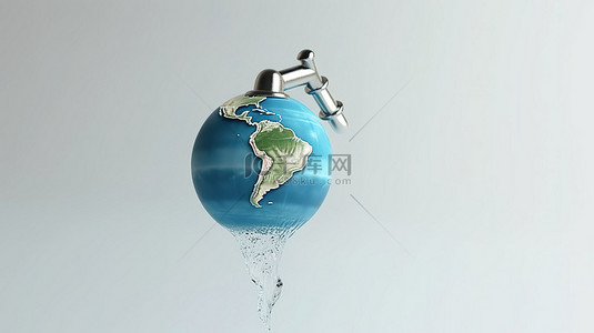 龙头水背景图片_白色背景下地球上的水龙头和水滴的 3D 渲染