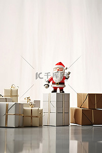 圣诞盒子背景图片_桌上的圣诞盒子，里面站着白人圣诞老人