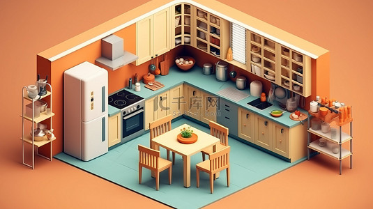 物联网背景图片_等距厨房的 3D 插图，带炉灶厨具和橱柜的用餐区的室内视图