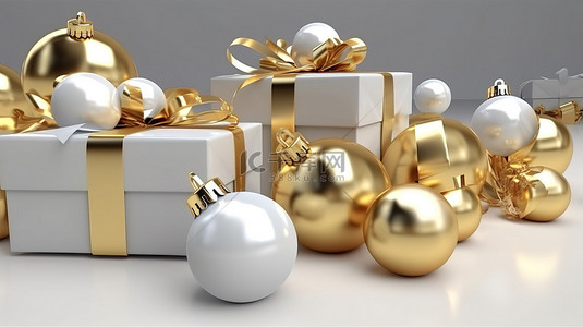 优雅的白色和金色圣诞礼品盒，配有金色和白色装饰球 3D 渲染插图