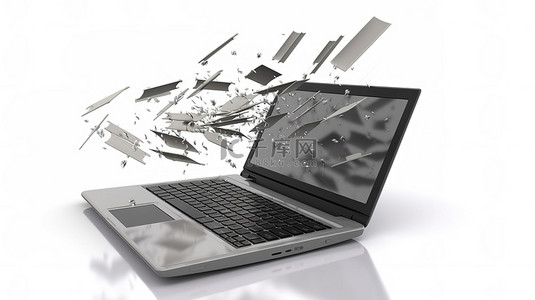 孤立的白色背景钱包从笔记本电脑中飞出 3D 渲染代表在线汇款收入流和虚拟银行