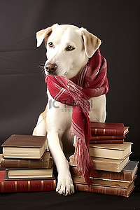 一只狗坐在书旁边，戴着围巾