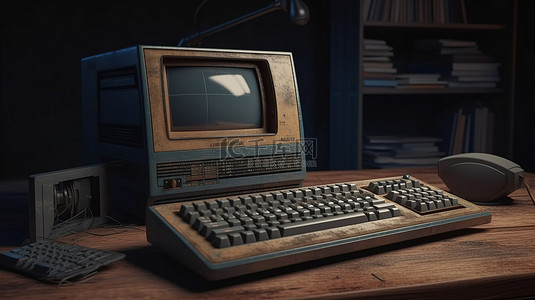 老式计算机背景图片_复古风格的计算机设置 3d 渲染带有显示器键盘和鼠标的老式系统单元的插图