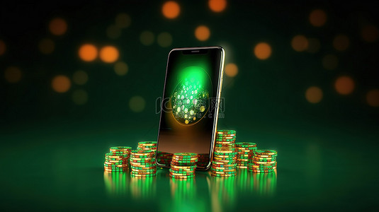 绿色背景下在线赌场赌博的 3D 渲染，带有空手机显示屏和堆叠筹码