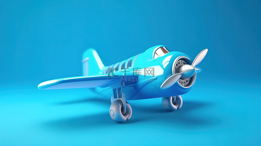 3D 渲染的卡通玩具喷气式飞机在蓝色背景上飞行