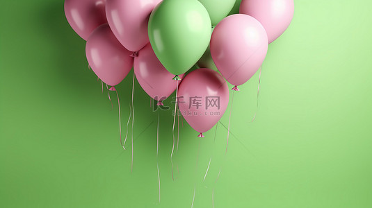 粉红色墙壁背景上充满活力的绿色气球排列 3D 渲染水平横幅