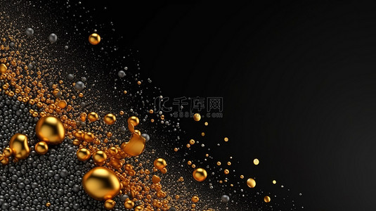黑色背景上的金粒子横幅 3D 渲染插图