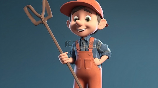 穿着工作服的快乐小农夫摆出一个大耙子的 3D 插图