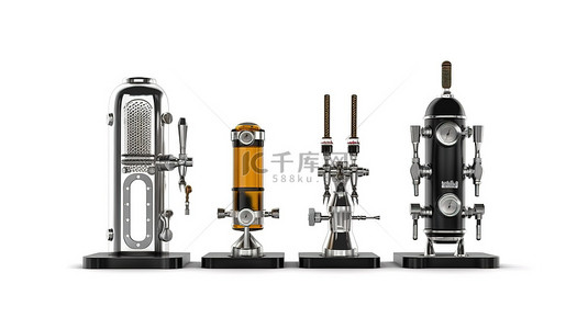 酒吧设备的 3d 插图，包括白色背景上隔离的生啤酒泵塔