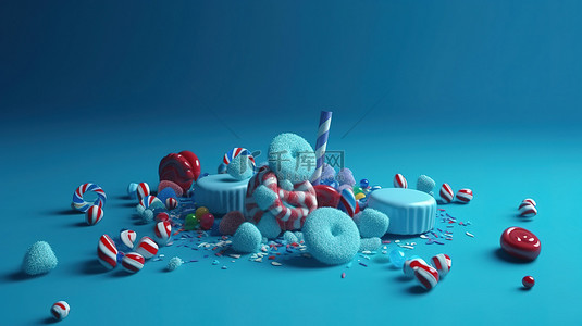 节日折扣喜悦 3D 渲染，在雪蓝色背景上提供季节性美食和礼物