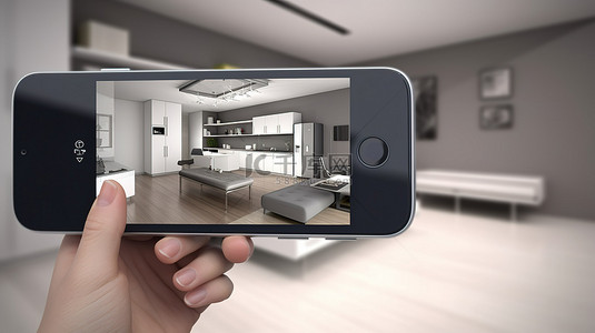 智能家居界面背景图片_由智能手机应用程序管理的公寓 3D 渲染表示
