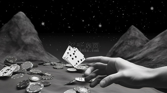 在玩筹码的背景下握着获胜的手与王牌的男人的手通过 3D 故障虚拟现实效果增强黑白